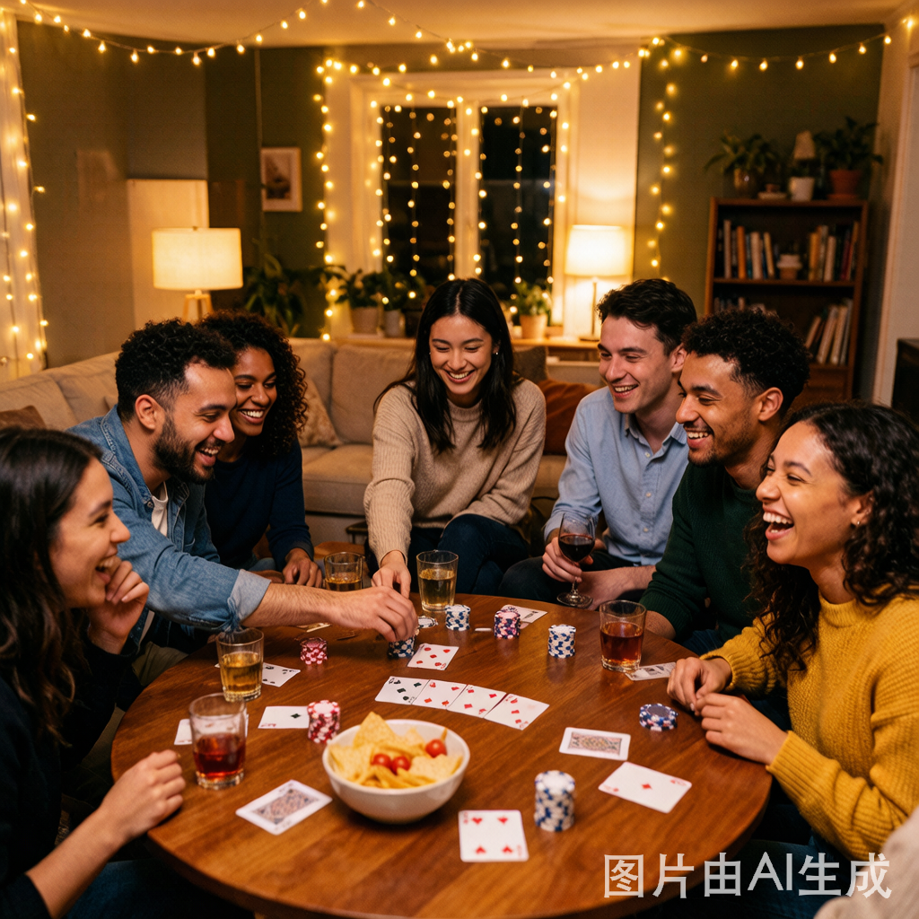 朋友们围坐牌桌享受德州扑克社交聚会