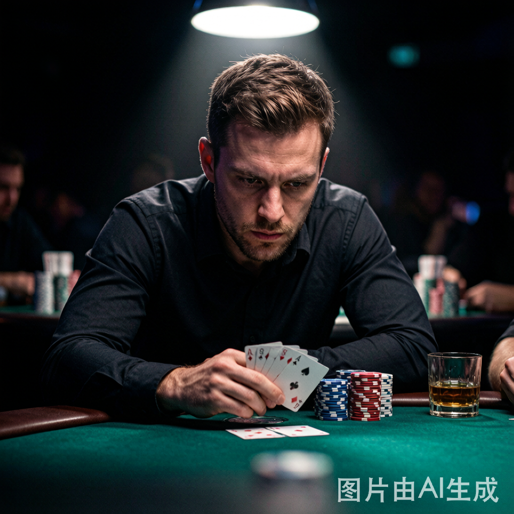 职业扑克选手在赛事桌上专注沉思策略
