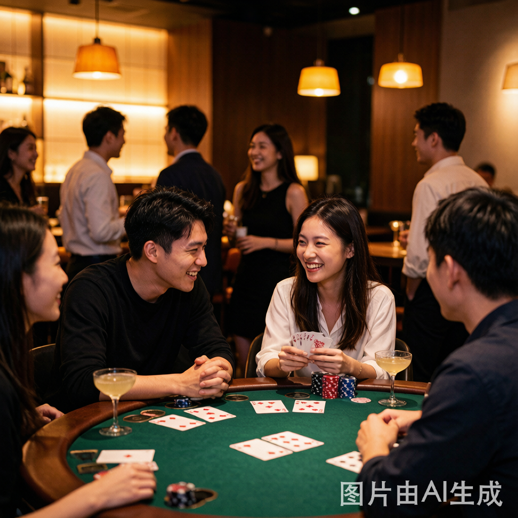 AC玩扑克玩家在俱乐部聚会上欢乐社交，年轻人在玩德州扑克