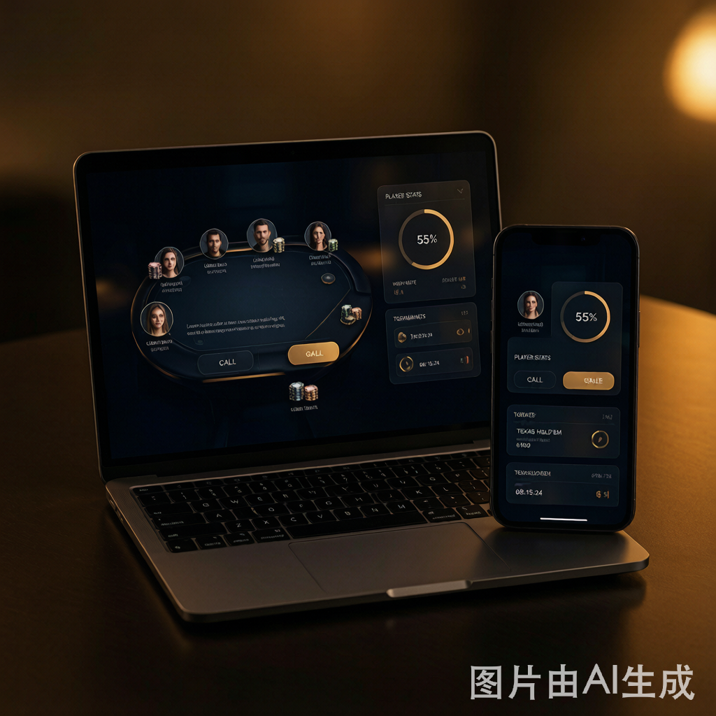 AC玩扑克全平台设备展示，笔记本电脑和智能手机上的德州扑克游戏界面