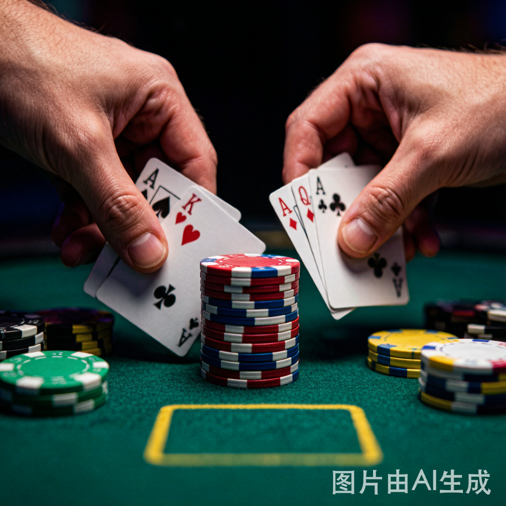 AC玩扑克赛事现场激烈对决，玩家手中扑克牌与桌上彩色筹码特写